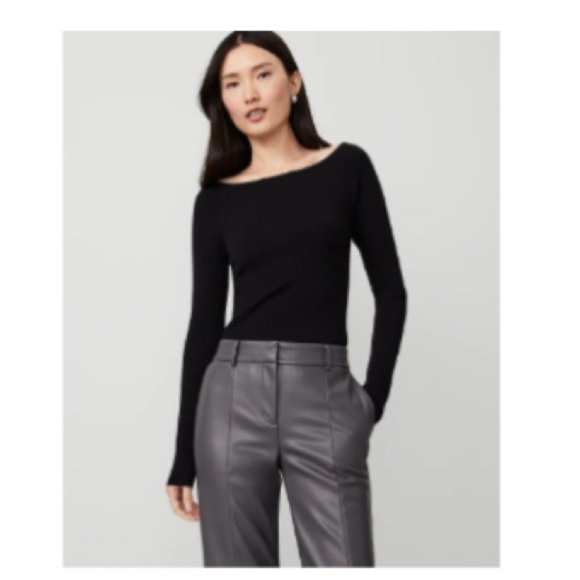 NWT Ann Taylor Ribbed Off Shoulder Black Long Sleeve Sweater SZ LP - Picture 1 of 10
